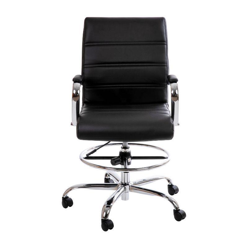 Mid-Back Black Leather Swivel Drafting Chair with Silver Frame