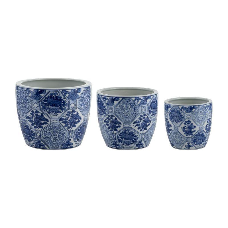 Sagebrook Home 3pc Chinoiserie Ceramic Indoor Outdoor Planter Pots Blue/White: Rust-Resistant, Hand-Painted, No Drainage Holes