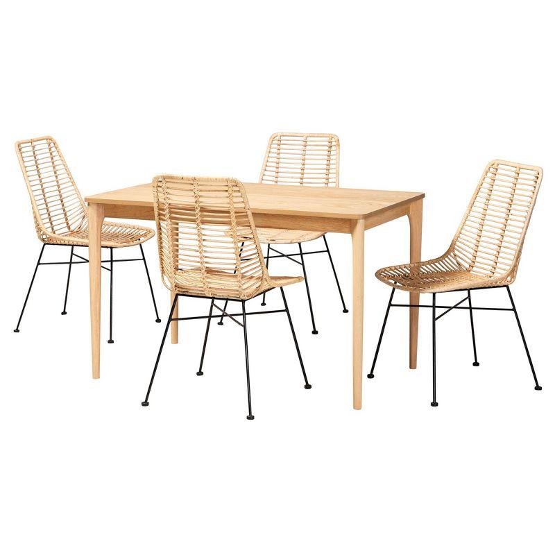 Baxton Studio Manhattan Modern Bohemian Rattan and Natural Oak Finished Wood 5-Piece Dining Set