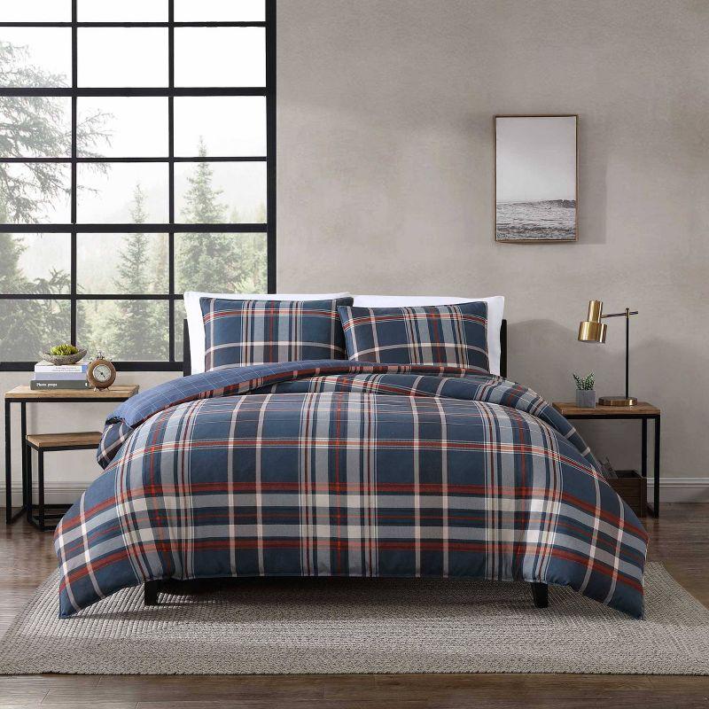 Navy Blue Plaid Microfiber Full/Queen Duvet Cover Set