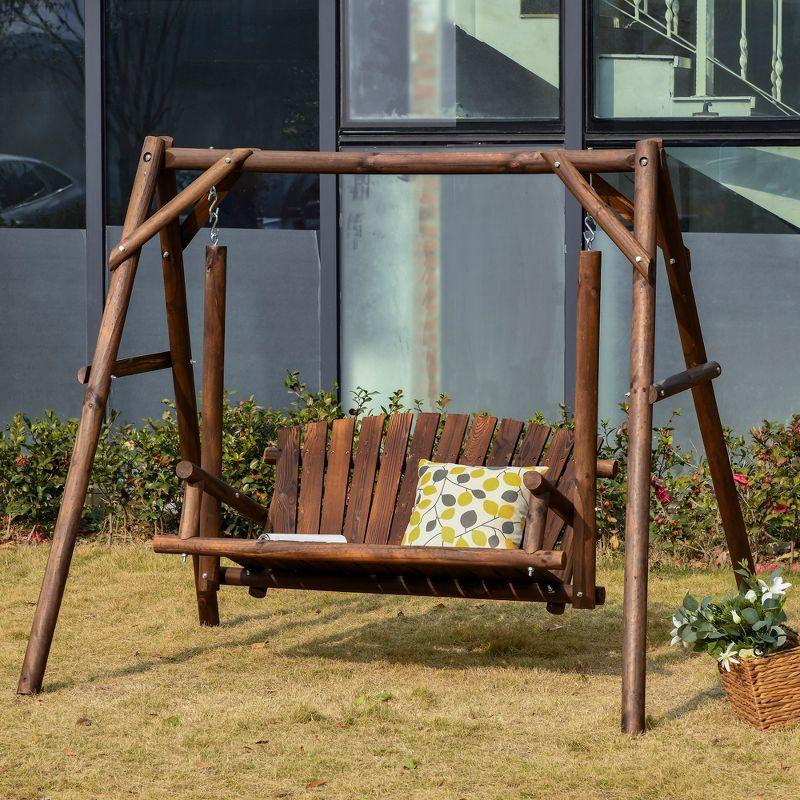 Outsunny Wooden Swing Bench, Garden Swing Chair for Patio, Yard, Porch, Carbonized