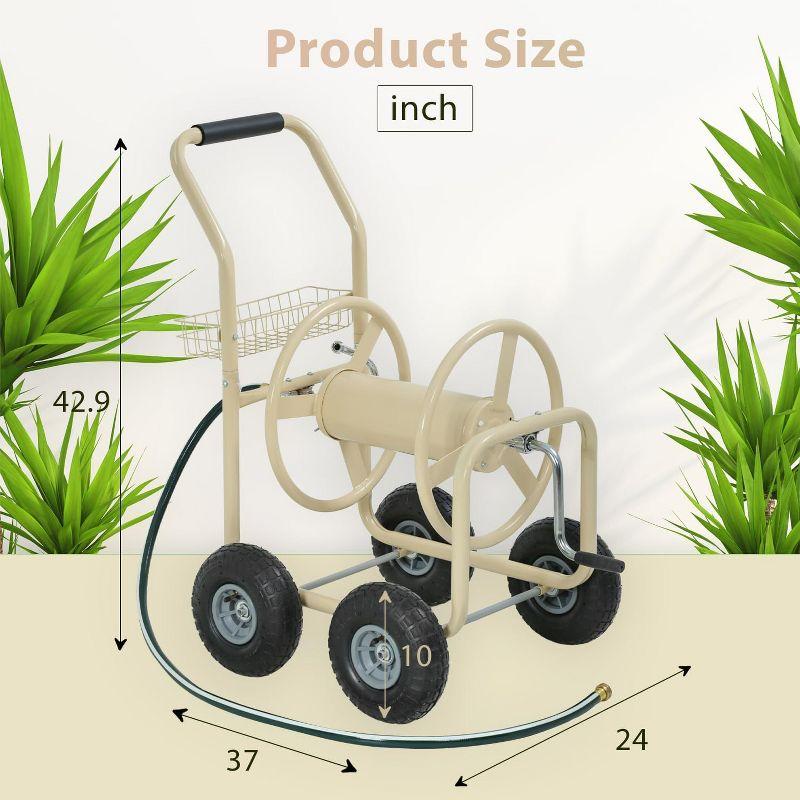 FDW Hose Reel Hold Up To 300 Ft Heavy Duty Garden Hose Reel Sturdy Water Hose Reel Cart with 4 Wheels Storage Basket for Garden Lawn Yard  (Tan)