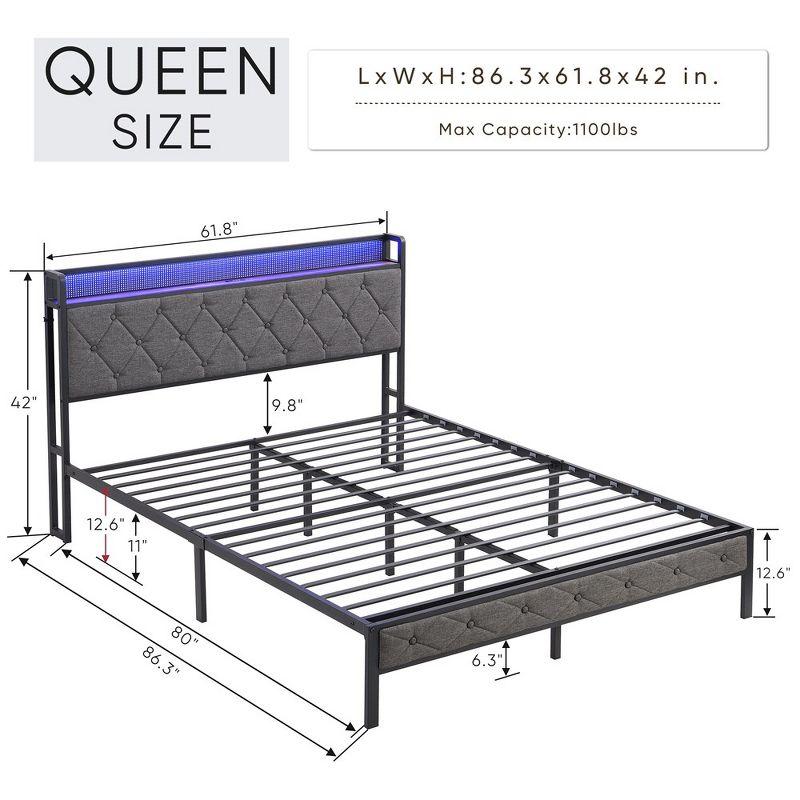 Bed With Storage Headboard, Charging Station And LED Lights, Upholstered Platform Bed Frame With Metal Slats, No Box Spring Needed, Gray