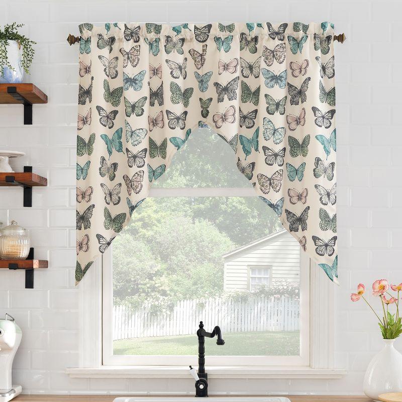 Blue Butterfly Print Sheer Polyester Kitchen Curtain Swag Pair