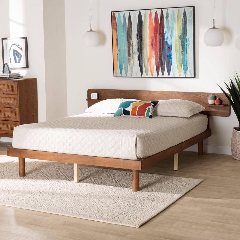 Morana Queen Walnut Brown Wood Platform Bed with Built-In Shelves