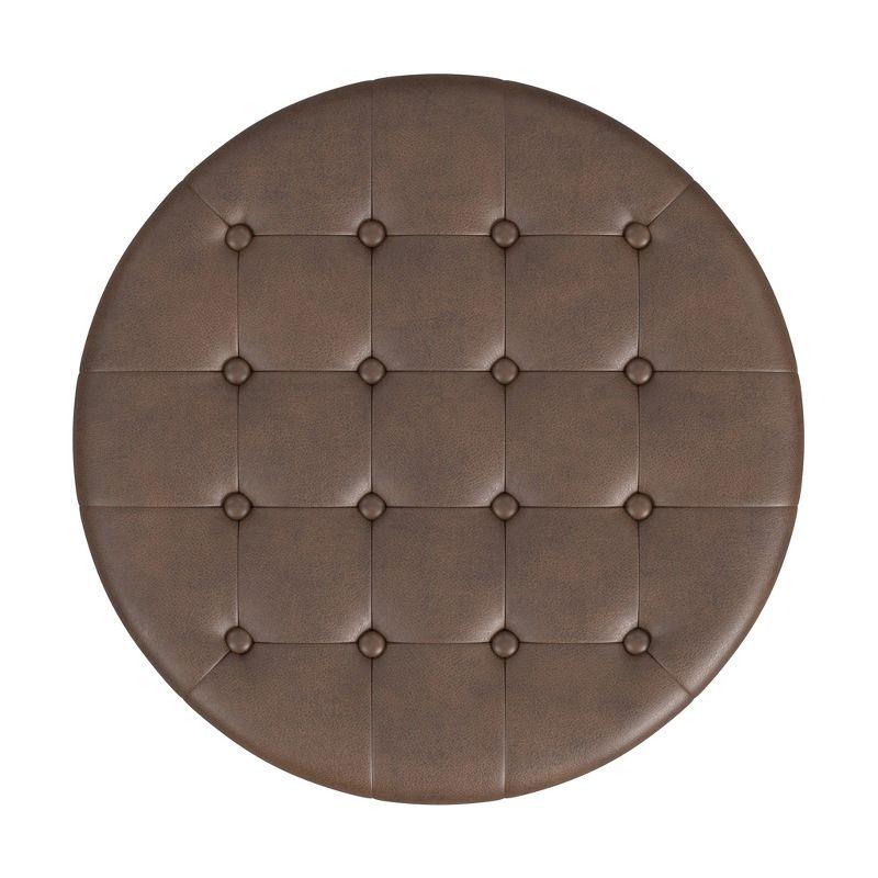 HomePop Tufted Faux Leather Round Storage Ottoman Brown: Upholstered Traditional Decor, Hardwood Frame