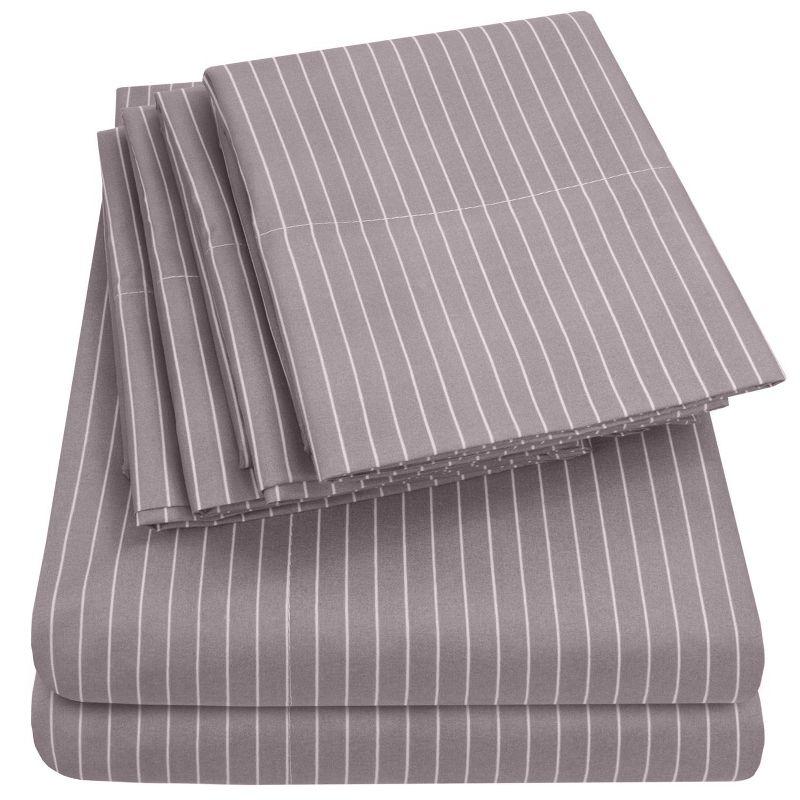 6 Piece Pinstripes Printed Sheet Set, Deluxe Ultra Soft 1500 Series, Double Brushed Microfiber by Sweet Home Collection®- Full, Gray