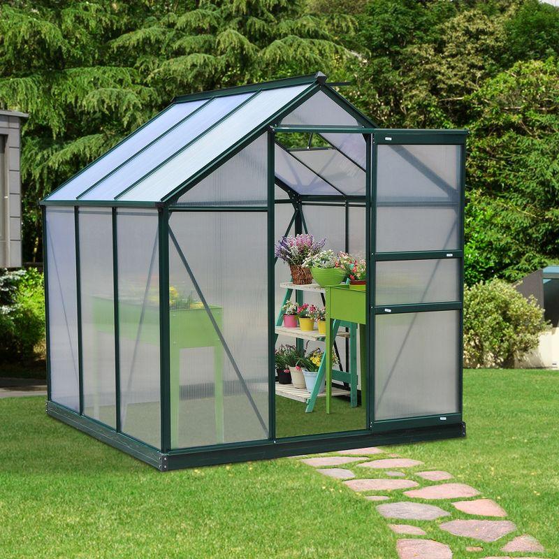 Outsunny Polycarbonate Greenhouse, Heavy Duty Outdoor Aluminum Walk-in Green House Kit with Vent & Door for Backyard Garden