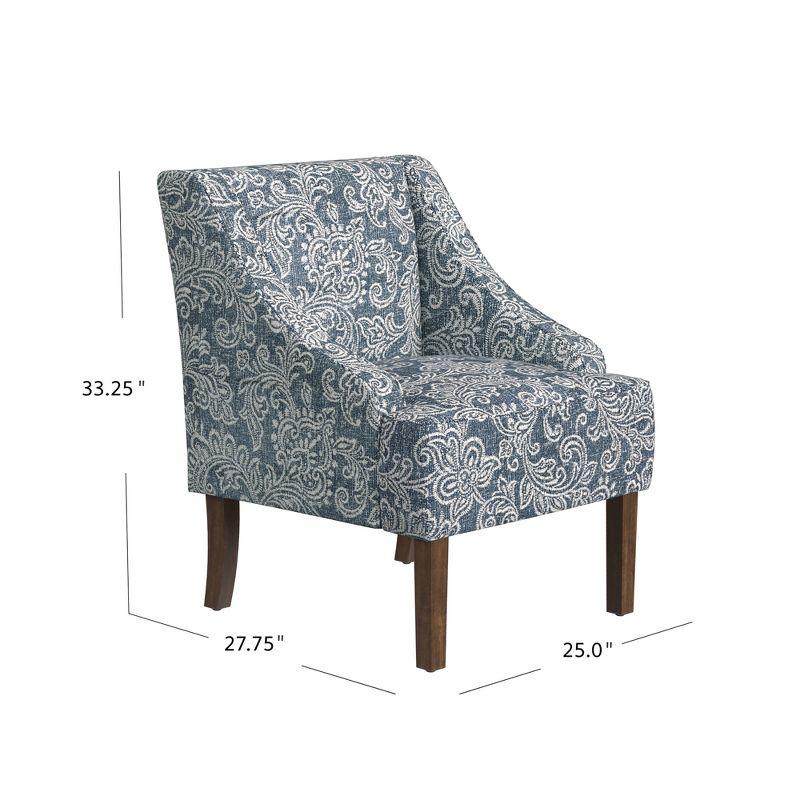 Blue Denim Jacobean Print Swoop Arm Accent Chair with Wood Legs