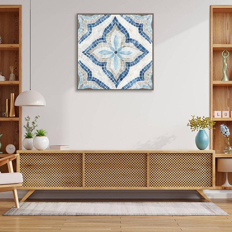 Blue and Beige Moroccan Tile Canvas Wall Art with Greywash Frame