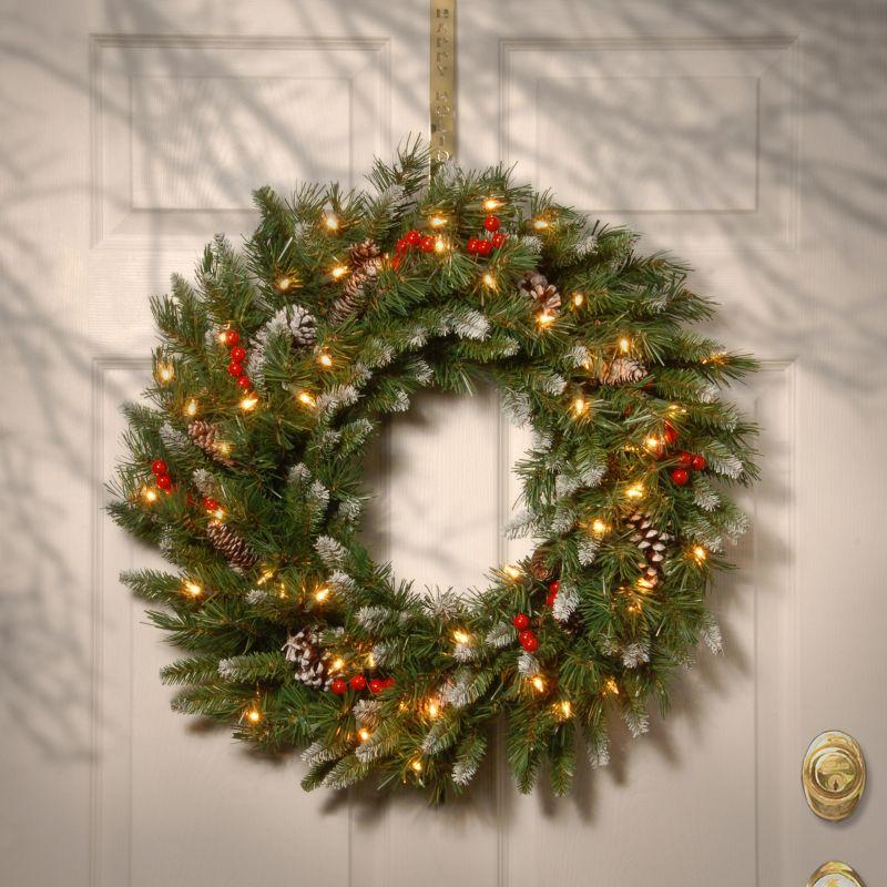 24" Prelit Flocked Christmas Wreath with Pinecones and Berries White Lights - National Tree Company