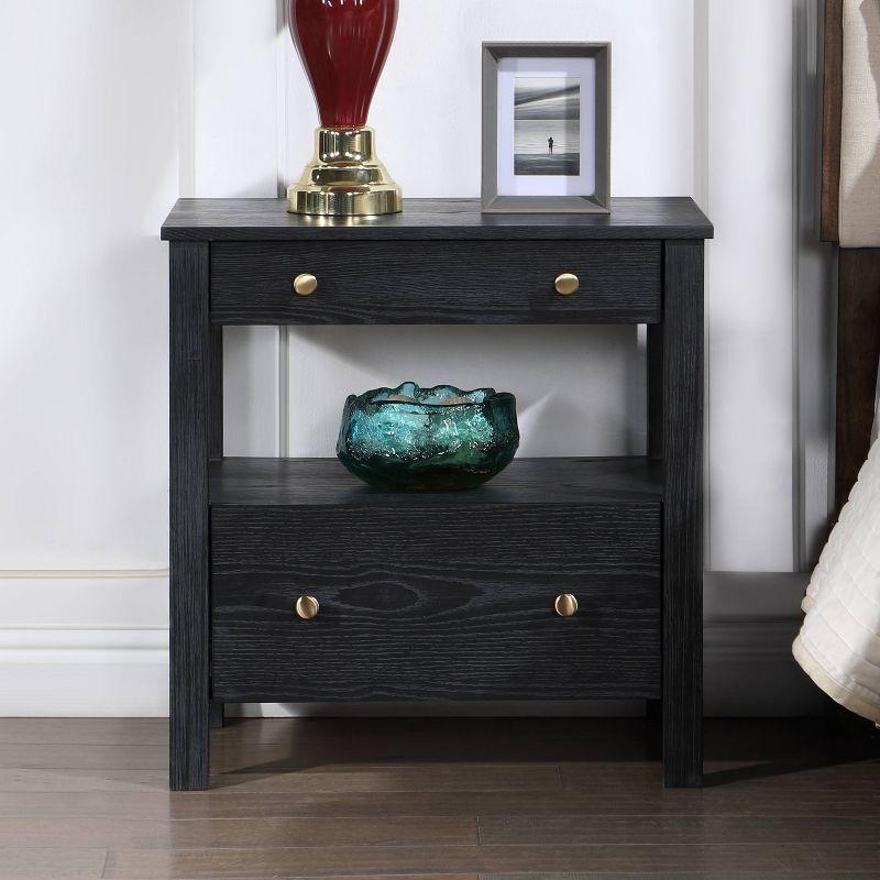 Delano Black Oak Veneer 2-Drawer Nightstand with Gold Knobs