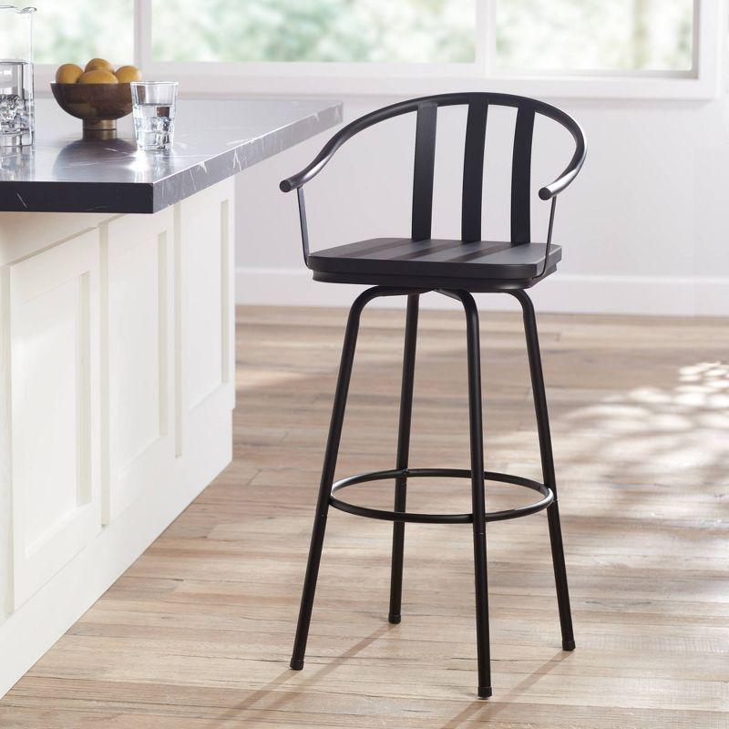 Elm Lane Lael Black Swivel Bar Stool 25 3/8" High Modern Industrial Wood Seat Curved Arm with Backrest Footrest for Kitchen Counter Height Island Home