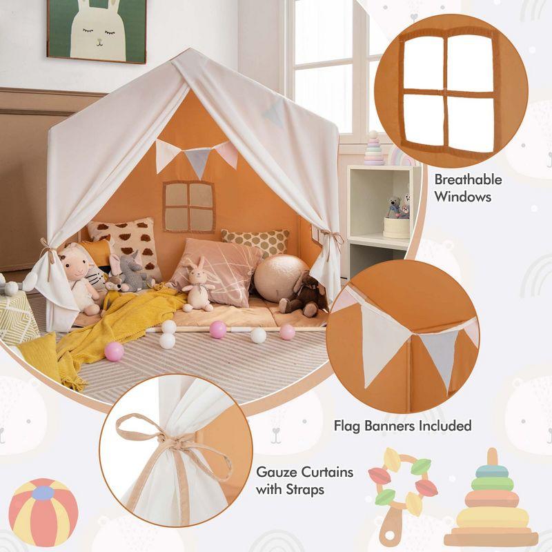 Costway Kid's Play Tent Toddler Playhouse Castle Solid Wood Frame with Washable Mat Orange/Pink