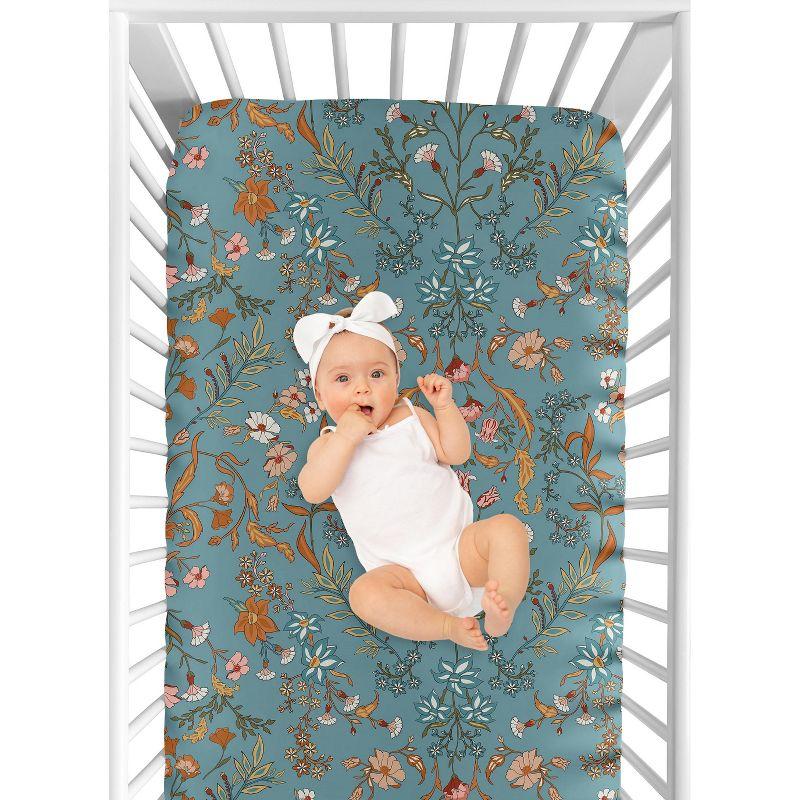 Sweet Jojo Designs Girl Fitted Crib Sheets Set Boho Floral Wildflower Blue Orange and Pink 2pc