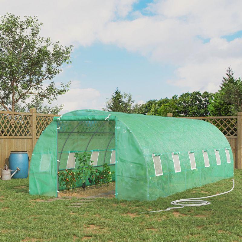 Outsunny 26' x 10' x 7' Outdoor Walk-In Tunnel Greenhouse with Roll-up Windows & Zippered Door, Steel Frame, & PE Cover