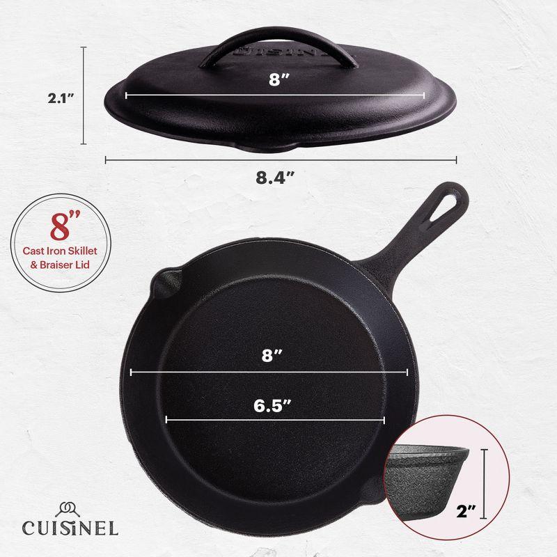 Cuisinel Cast Iron Skillet with Lid - 8"-inch Pre-Seasoned Covered Frying Pan Set + Silicone Handle and Lid Holders + Scraper/Cleaner