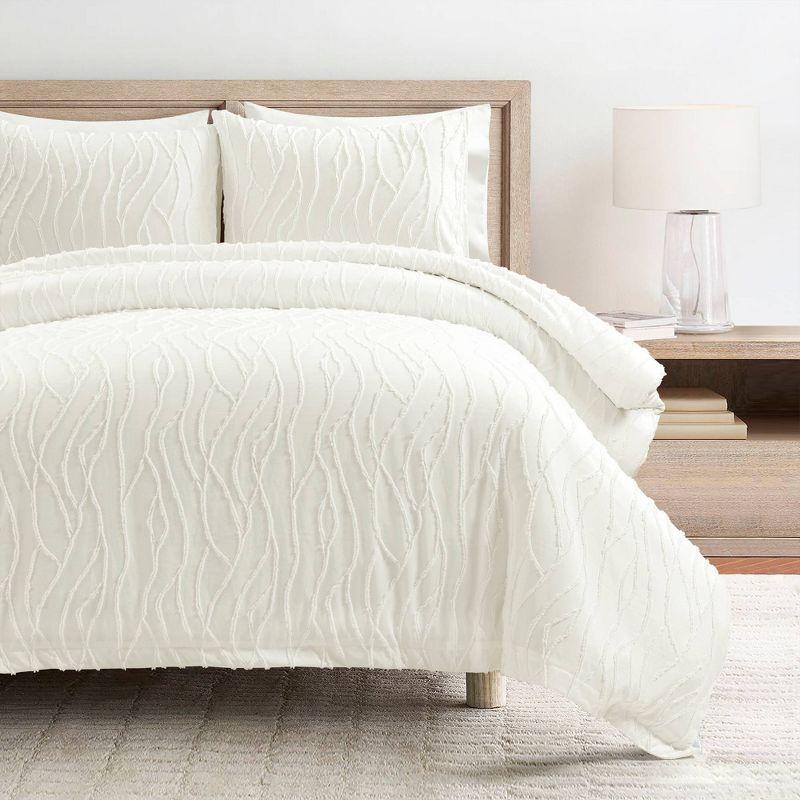 Soft White Jacquard Wave 3-Piece Duvet Cover Set