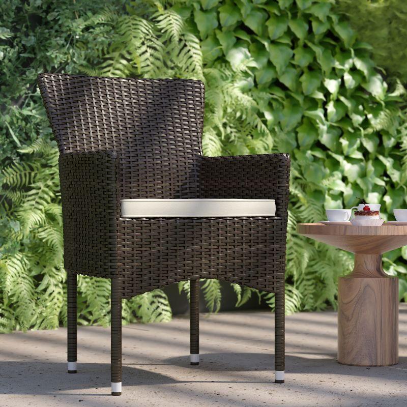 Espresso Brown Wicker Patio Dining Chairs with Cream Cushions, Set of 2