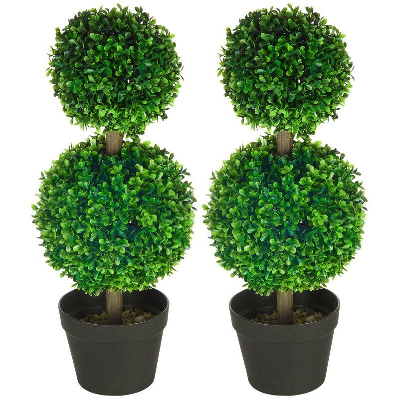 HOMCOM 2 Pack 23.5" Artificial Boxwood Topiary Ball Trees Set of 2, Double Ball-Shaped Boxwood Artificial Topiary Plants for Indoor Outdoor, Green