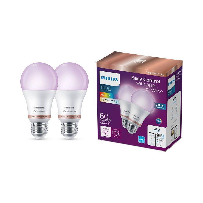 Philips 2pk 8.8W Smart LED Wi-Fi and Bluetooth A19 Color: Energy Star, Dimmable, 800 Lumens, Apple HomeKit Compatible