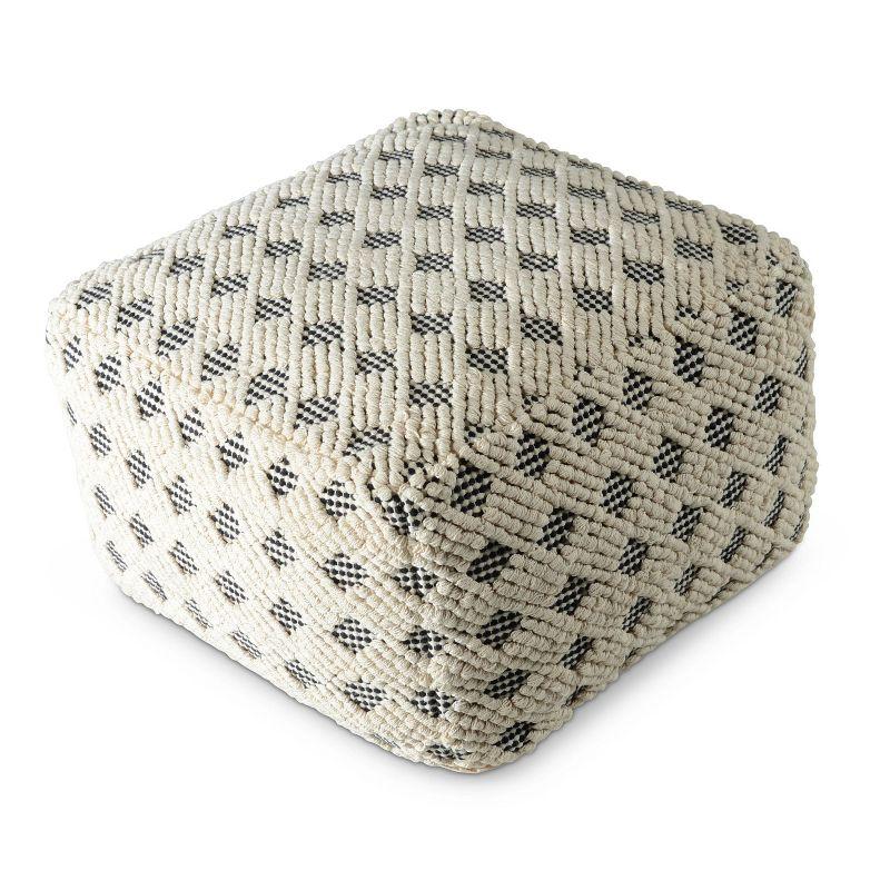 Transitional Black and Cream Handwoven Square Pouf