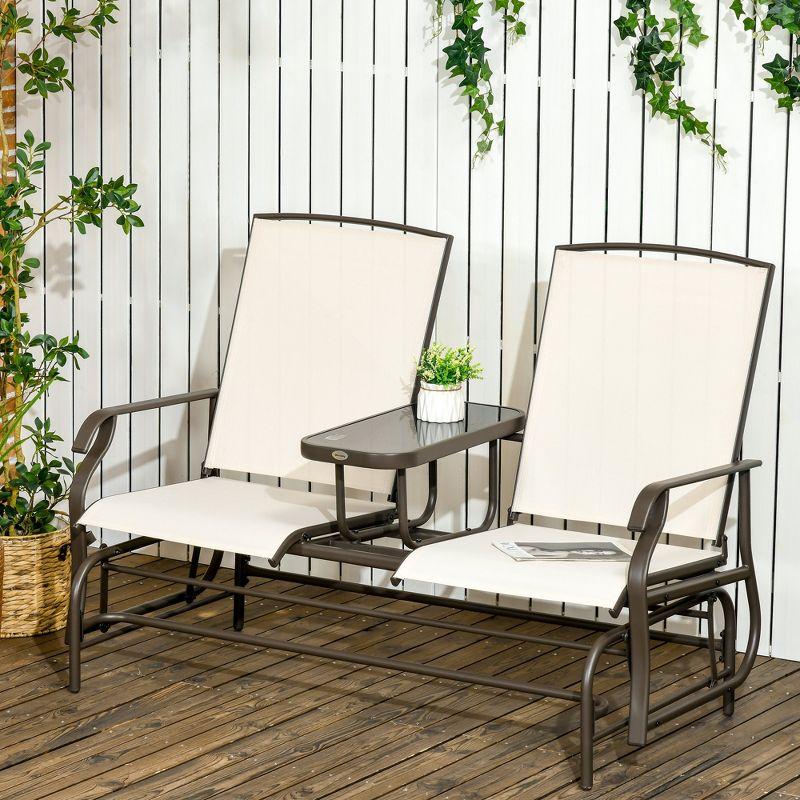 Outsunny 2-Person Outdoor Glider Bench w/ Center Table, Steel Frame for Backyard Garden Porch, Beige