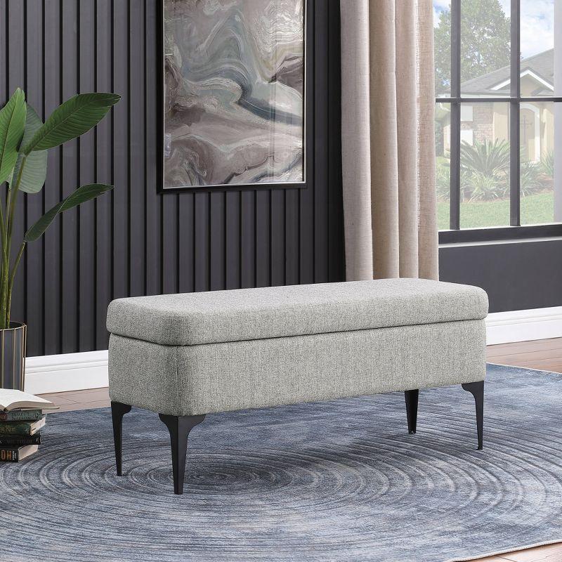 Large Gray Upholstered Storage Bench with Black Metal Legs