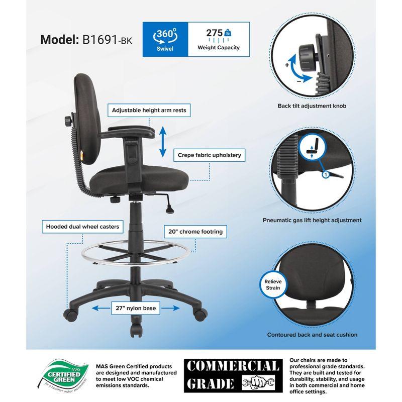 Drafting Stools with Adjustable Arms Black - Boss Office Products: Pneumatic Lift, 275lb Capacity, Nylon Base