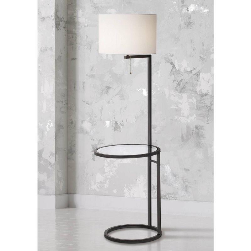 360 Lighting Modern Floor Lamp with Table Glass 62" Tall Black White Fabric Drum Shade for Living Room Reading Bedroom Office