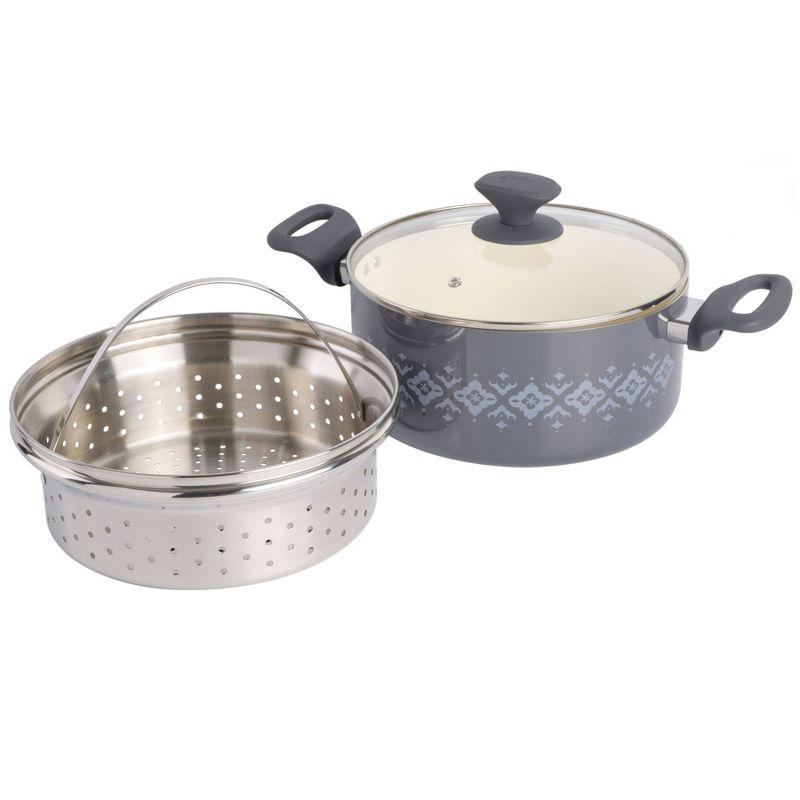 Spice by Tia Mowry Spice By Tia Mowry Savory Saffron Nonstick Ceramic Dutch Oven With Stainless Steel Steamer, 5-Quart, Charcoal, Enamel Exterior, Stay-Cool Handles