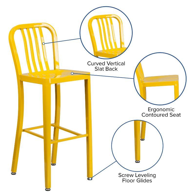 30'' Yellow Metal Indoor-Outdoor Barstool with Slat Back