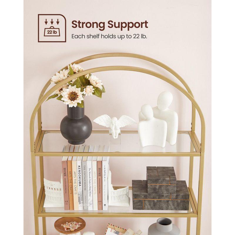 VASAGLE 5-Tier Bookshelf, 32.7 x 72.2inch, Display Storage Shelf, Tempered Glass Shelving Unit with Metal Frame, for Bedroom, Living Room, Gold