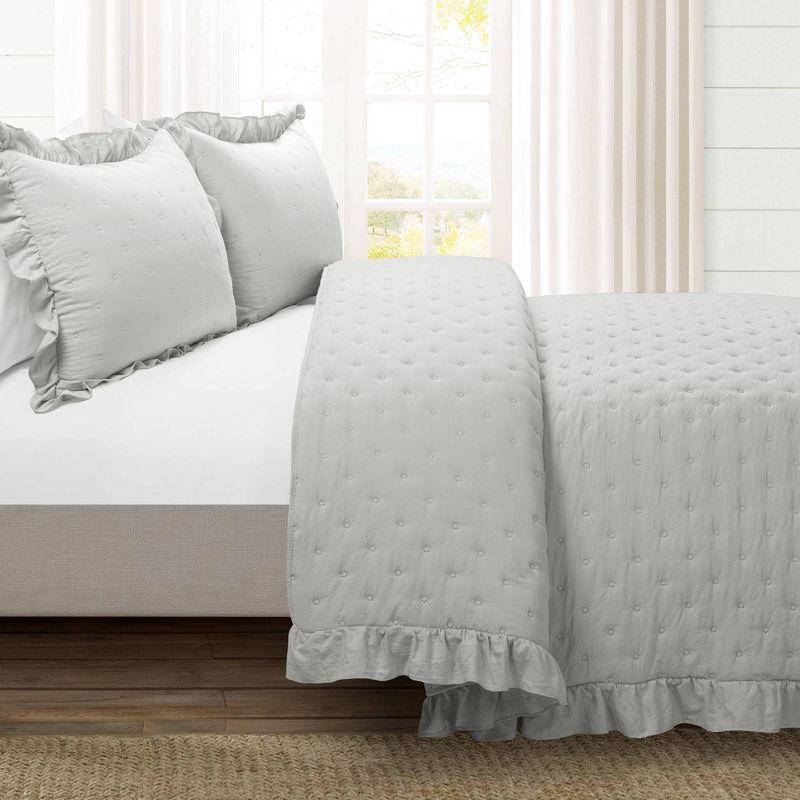 Light Gray King Microfiber Reversible Quilt Set with Ruffles