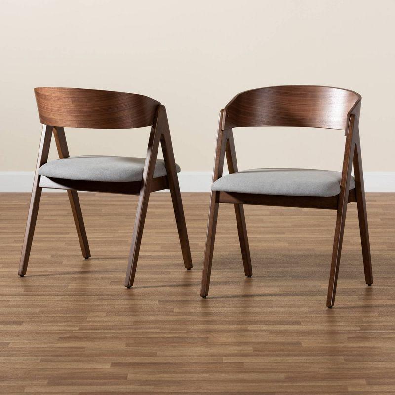 2pc DantonFabric Upholstered Wood Dining Chair Set Gray/Walnut Brown - Baxton Studio: Curved Backrest, Angled Legs