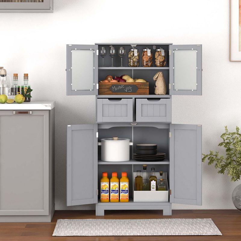 Costway Bathroom Floor Storage Cabinet Kitchen Cupboard with 2 Drawers & Glass Doors Grey