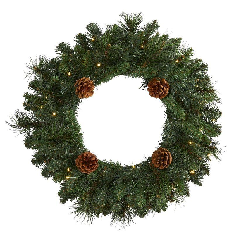 20" Green Pine Artificial Christmas Wreath with LED Lights and Pinecones