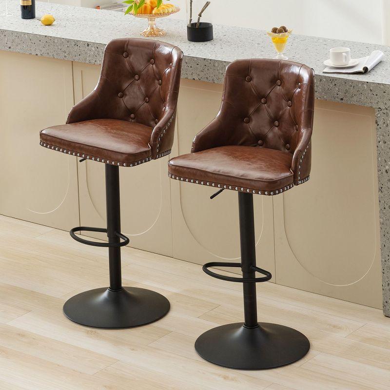 Bar Stools Set of 2,Adjustable Swivel Barstools, Faux Leather Bar Chairs,Upholstered Counter Height with High Backrest for Kitchen Island, Brown