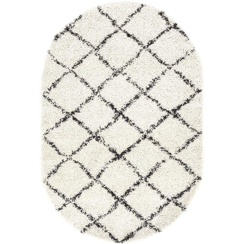 Off-White Oval Braided Shag Area Rug with Tassels