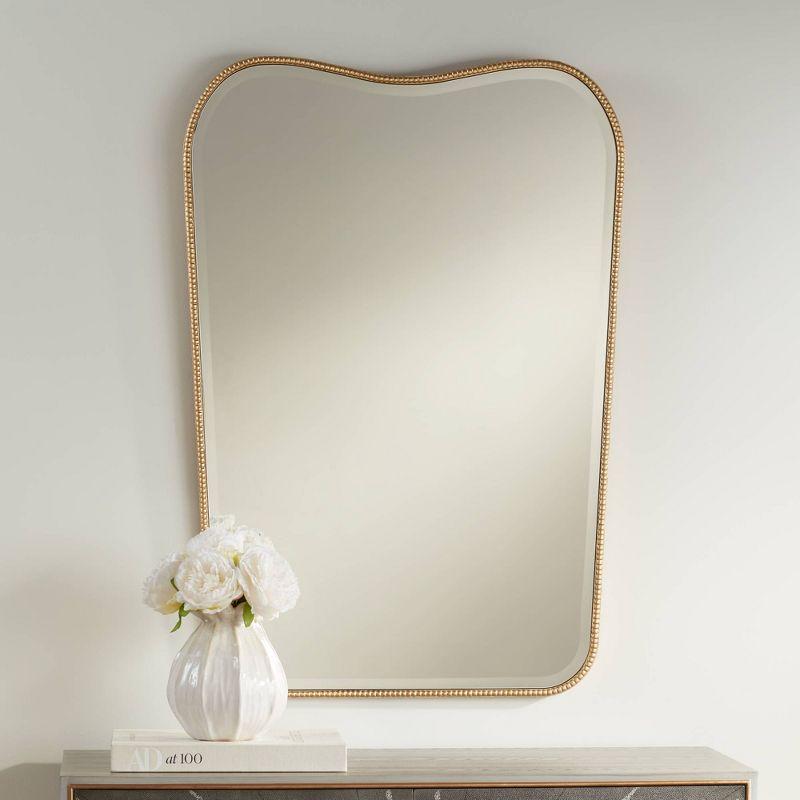 Noble Park Dipping Top Rectangular Vanity Wall Mirror Modern Beveled Matte Gold Frame 27" Wide for Bathroom Bedroom Living Room Home House Office