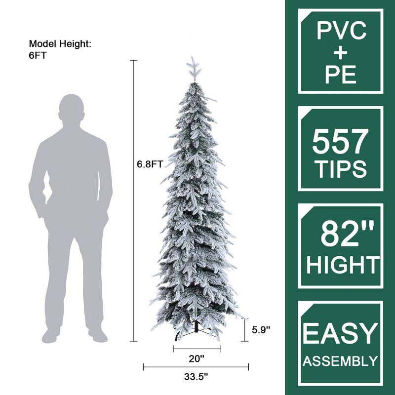 LuxenHome 6.9Ft Pencil Christmas Tree, Unlit Skinny Artificial Snow-Flocked Christmas Tree with X-Shape Metal Stand White