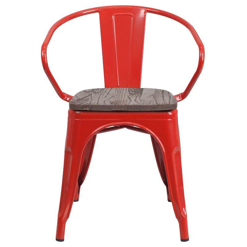 Rustic Red Metal Arm Chair with Wood Detail and Slat Back