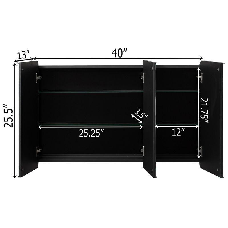 Basicwise 3-Door Aluminum Medicine Cabinet, Round Corner Frame, Surface or Recessed Mount, Mirrored Doors with Adjustable Glass Shelves, Matte Black