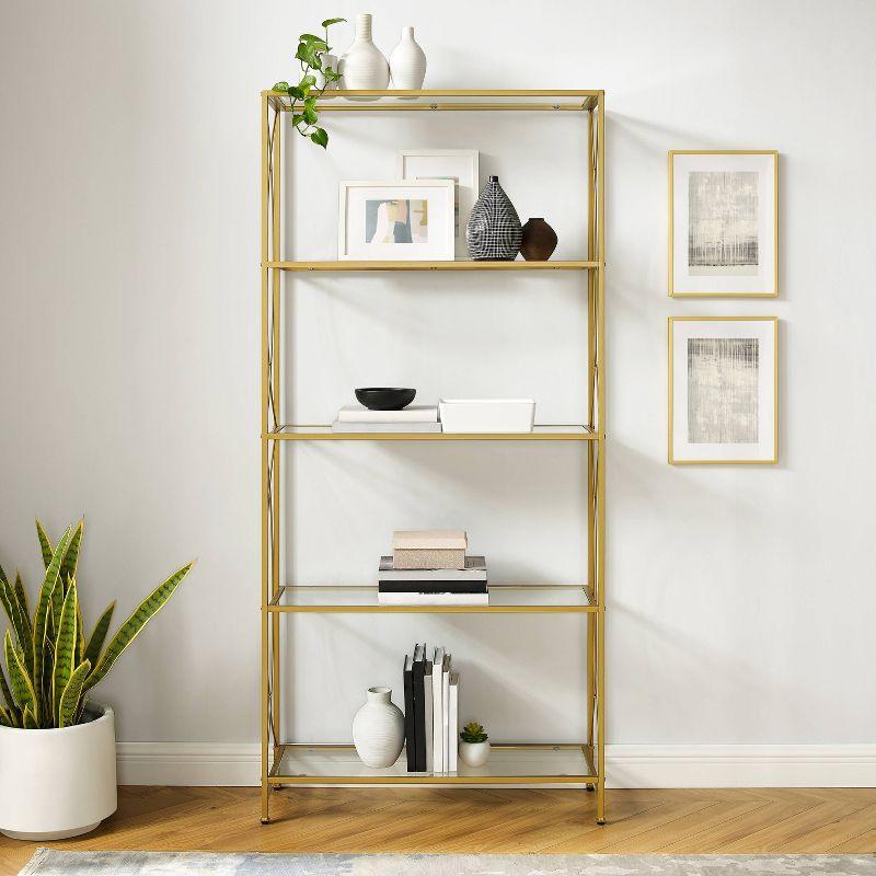 Gold Finish Steel and Glass Etagere with Latticework