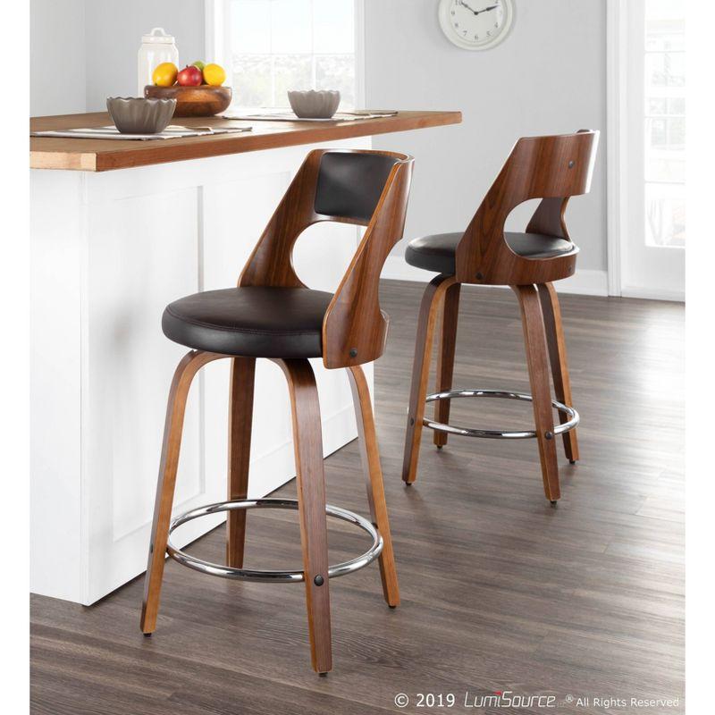 Set of 2 Cecina Upholstered Counter Height Barstools Brown/Walnut - Lumisource: Chrome Footrest, Swivel Seat, Wood Frame