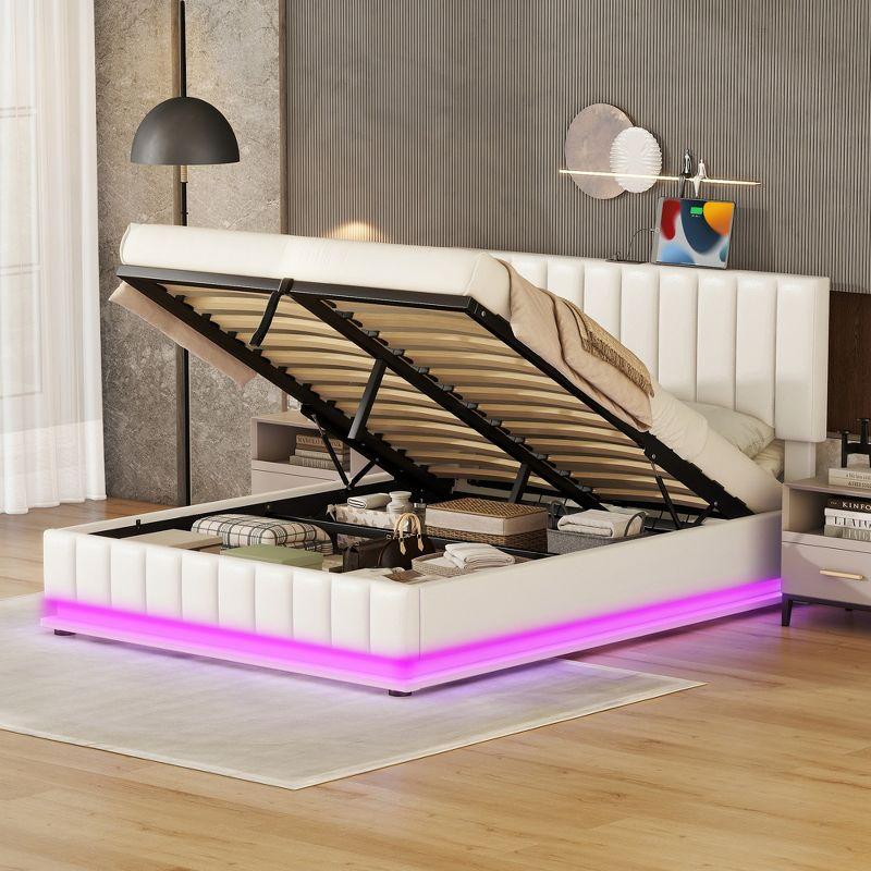 Full/Queen Size Lift Up Storage Bed With Storage Space&16-Color LED Light, Modern Platform Bed Frame With Sockets And USB Ports