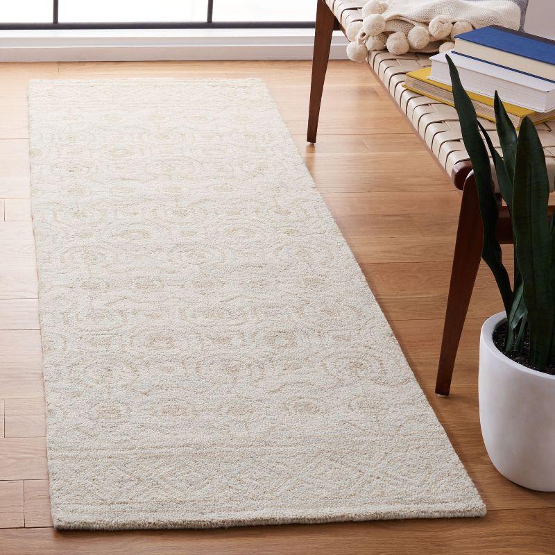 Ivory and Light Green Hand-Tufted Wool Geometric Runner Rug