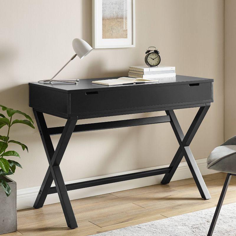 Black Wood Lift-Top Standing Desk with Drawer and Keyboard Tray