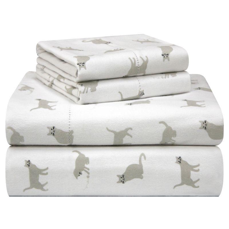 Pointehaven 180 GSM Velvet Feel Luxury Cotton Printed Flannel Sheet Set, Twin, Cats