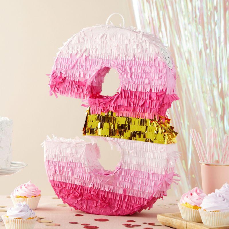 Small Pink and Gold Foil Number 3 Pinata for 3rd Birthday